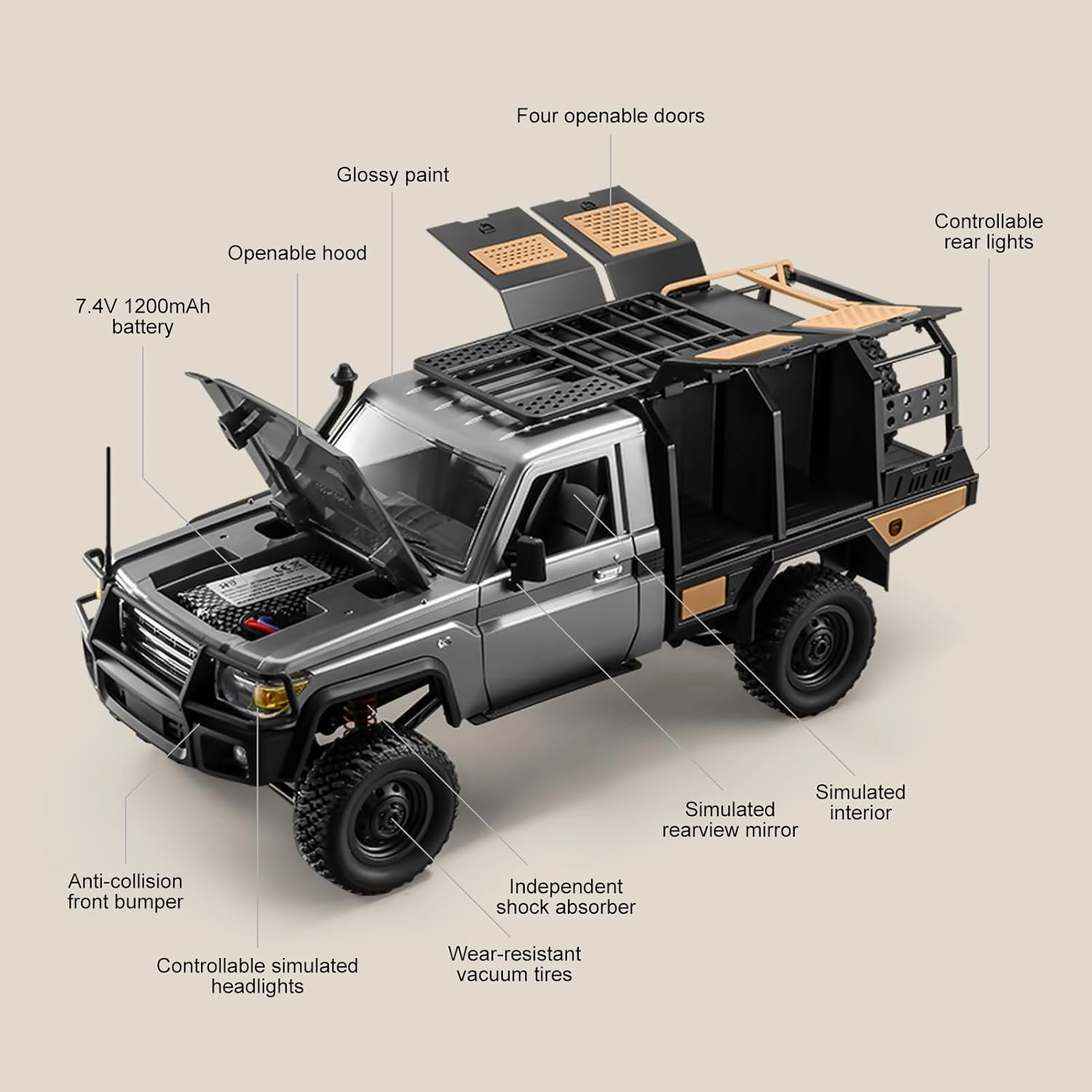 1/12 Scale RC Crawler, MN-82S Remote Control Car, 2.4GHz 4WD Off Road Rock Crawler Vehicle with Lights, DIY Land Cruiser Pickup Truck Toy for Adults Kids