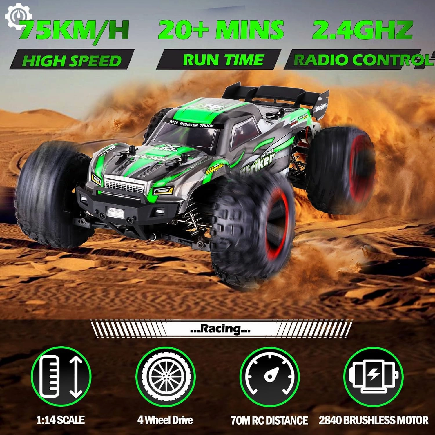 1:14 RC Cars 75 KMH Brushless Remote Control Car 4X4 Fast RC Truck for Adult Boys 2.4 GHz All Terrains RC Buggy 4WD Off-Road Hobby RC Trucks RC Monster Trucks with 2 Batteries (Green/RTR)
