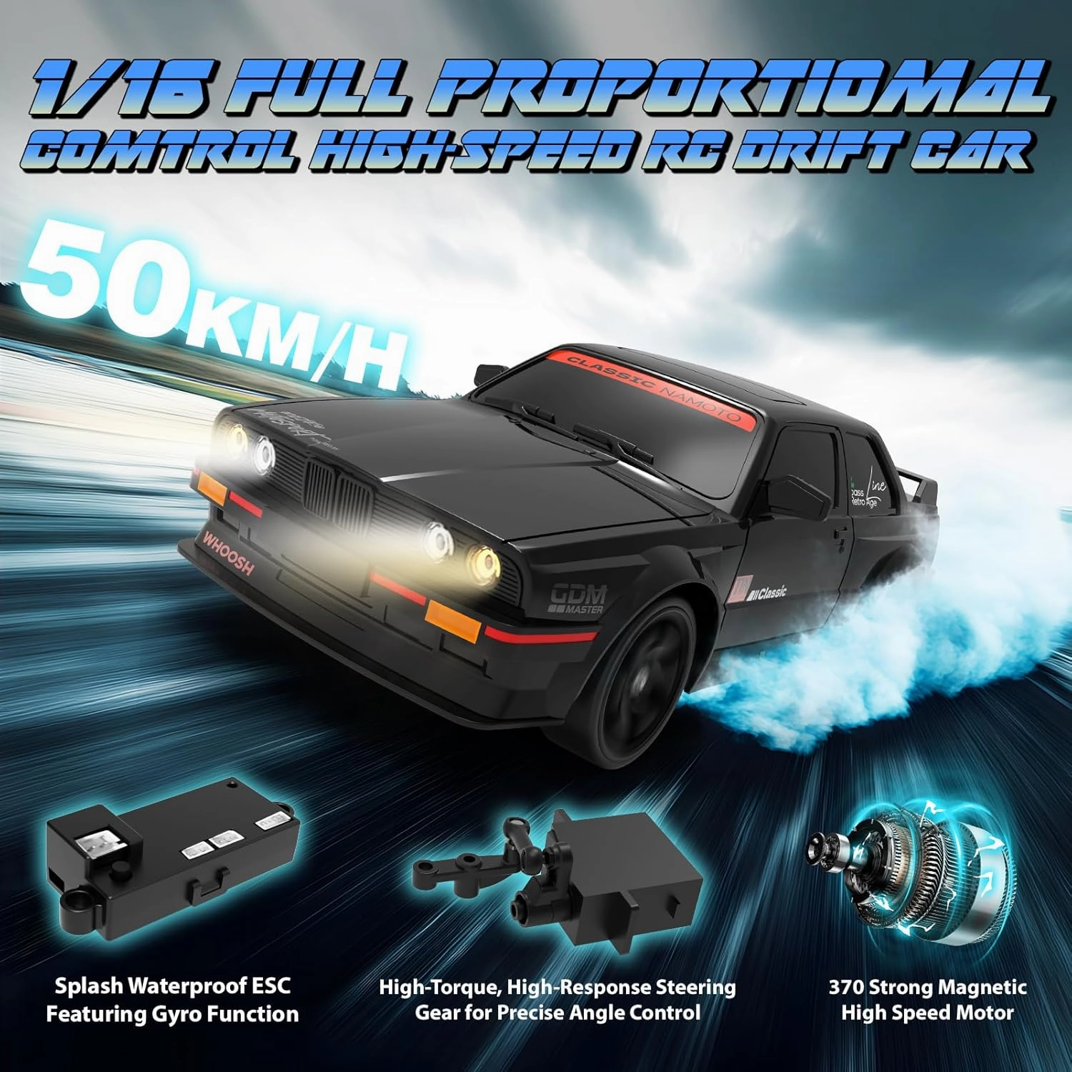 1/16 Fast RC Cars for Adults, RC Drift Car with ESP Gyro, 50KM/H High-Speed 4WD, Full Proportional Control, LED Light, 2 Rechargeable Batteries, RTR Drifting for Adults, Gift for Boys Kids and Girls