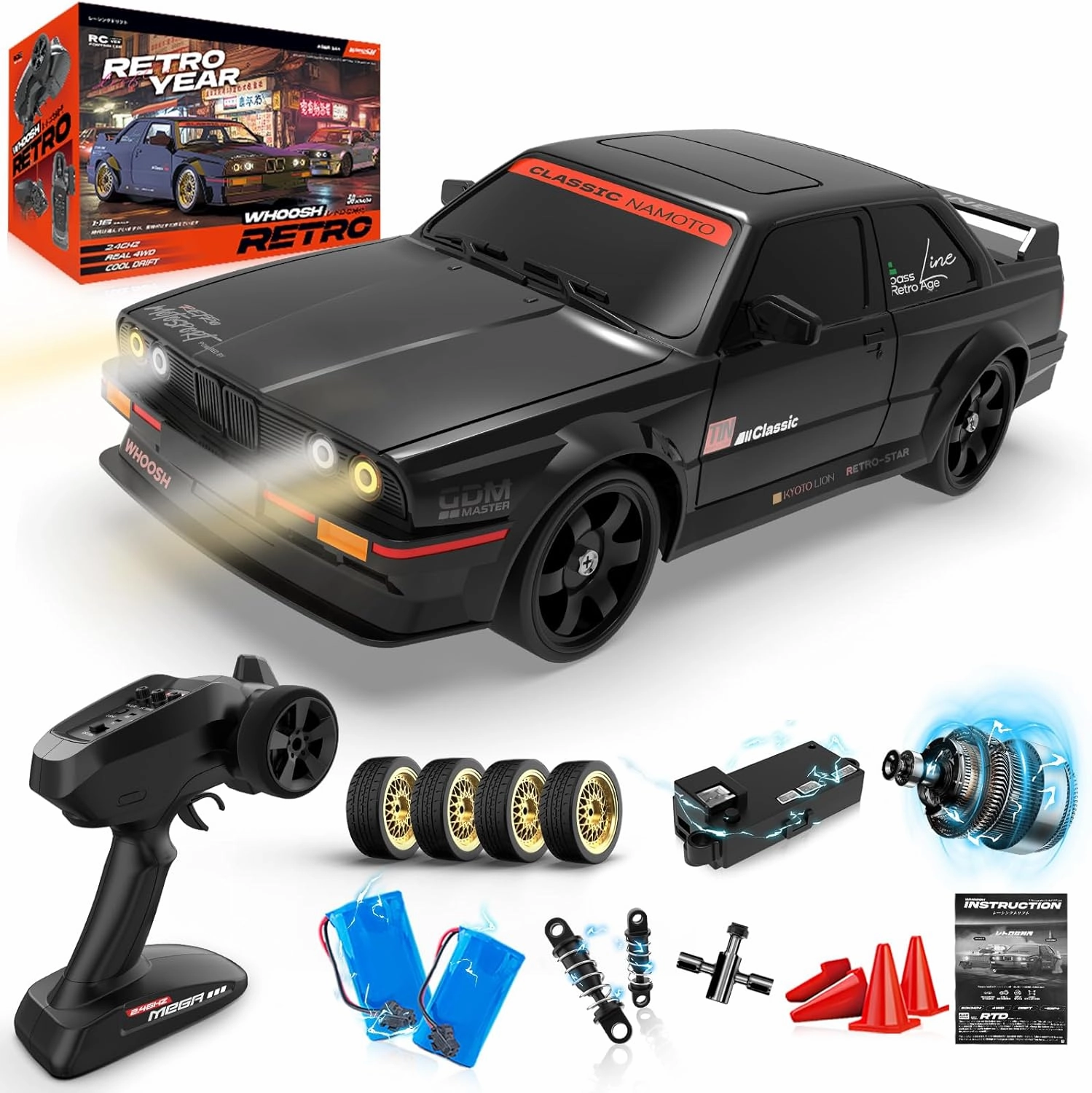 1/16 Fast RC Cars for Adults, RC Drift Car with ESP Gyro, 50KM/H High-Speed 4WD, Full Proportional Control, LED Light, 2 Rechargeable Batteries, RTR Drifting for Adults, Gift for Boys Kids and Girls
