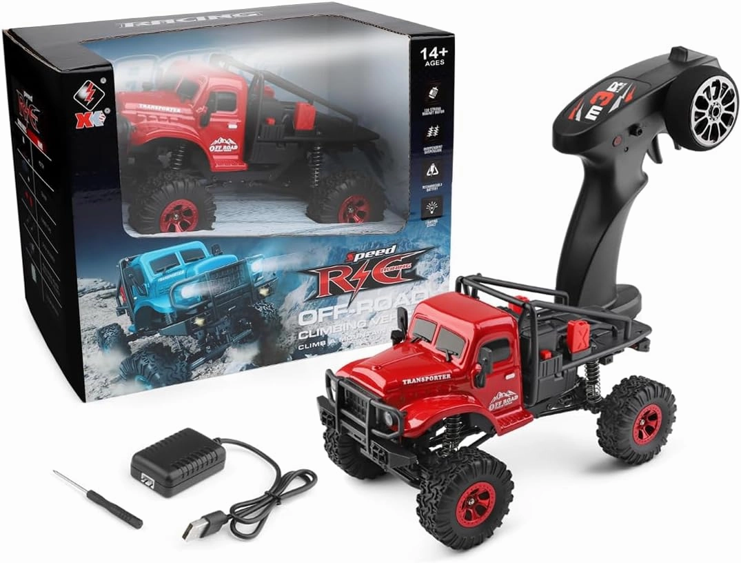 1:18 Scale RC Off-Road Truck, 4WD High Torque Climbing Car with LED Lights, RC Crawler with Real 2 Speed Transmission, 3-10KM/H, 2.4GHz 4X4 RC Truck