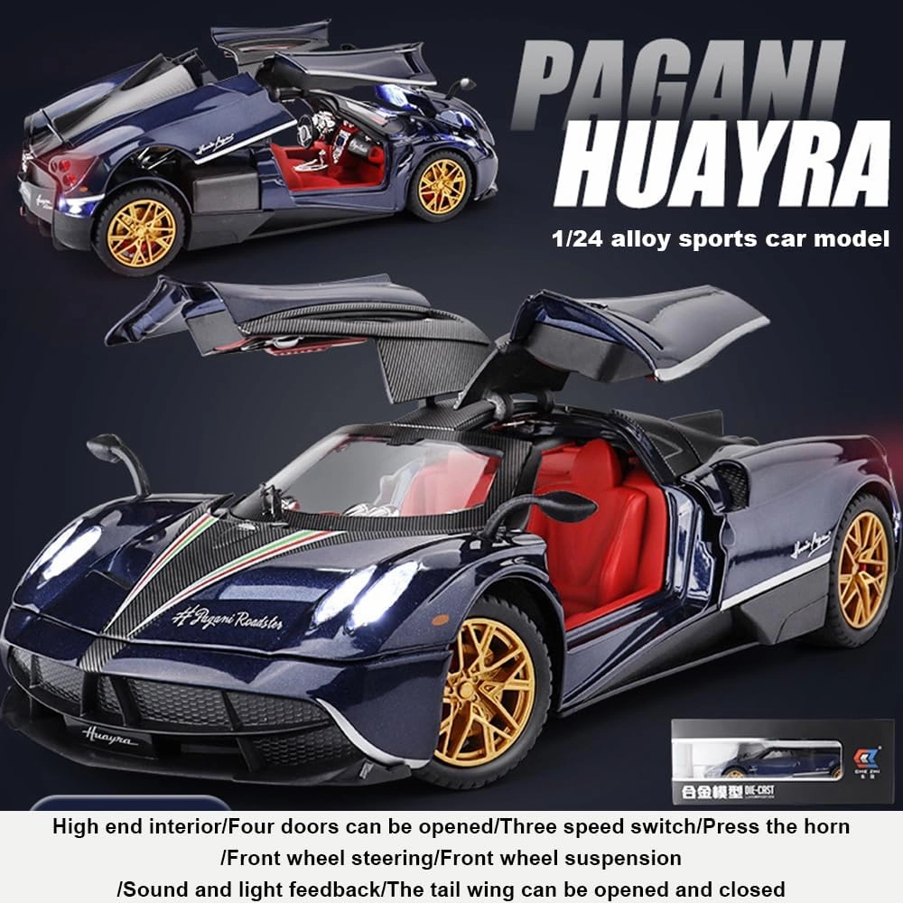 1:24 alloy die-casting metal Pagani car model toys, Pagani Huayra Dinastia Toy with sound and light functions, pull back car, adults and children are suitable for gifts, collectibles. (Blue Pagani)