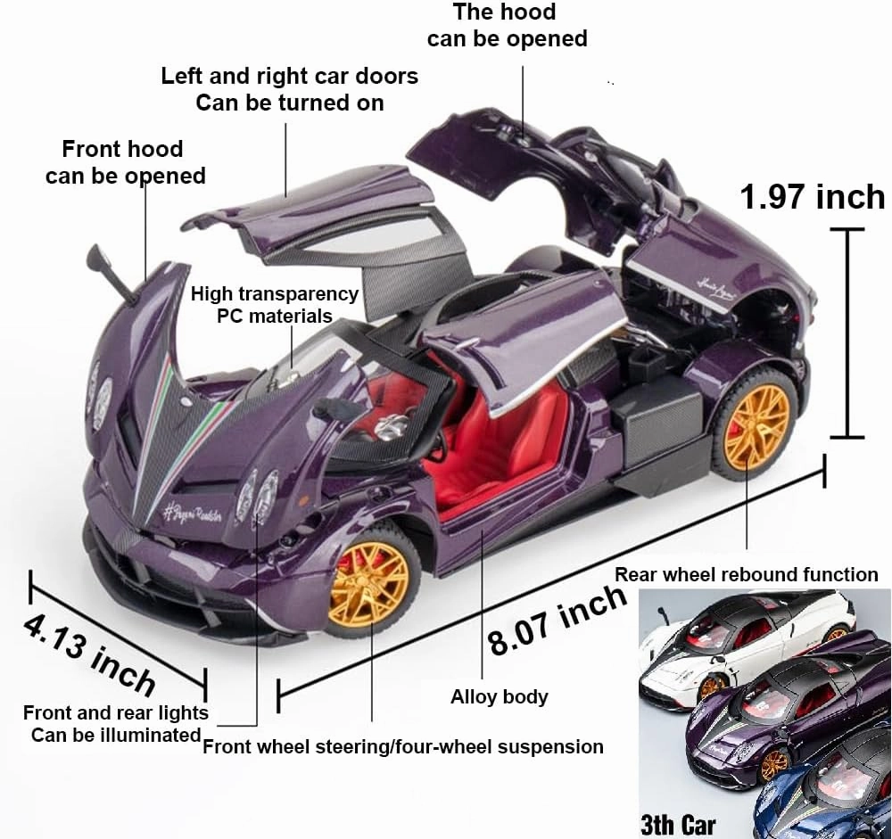 1:24 alloy die-casting metal Pagani car model toys, Pagani Huayra Dinastia Toy with sound and light functions, pull back car, adults and children are suitable for gifts, collectibles. (Blue Pagani)