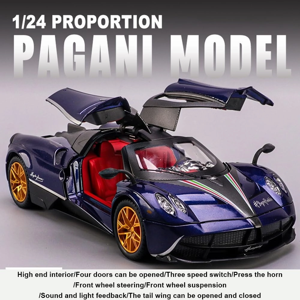 1:24 alloy die-casting metal Pagani car model toys, Pagani Huayra Dinastia Toy with sound and light functions, pull back car, adults and children are suitable for gifts, collectibles. (Blue Pagani)
