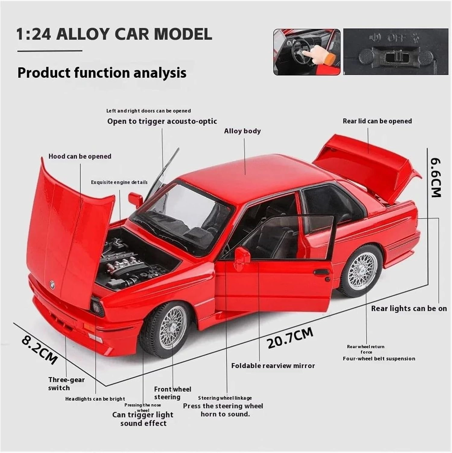 1 24 for BMW M3 E30 1988 Alloy Sports Car Model Diecast Metal Classic Sound and Light Car Model Enthusiasts Simulation Vehicle Playset(White)