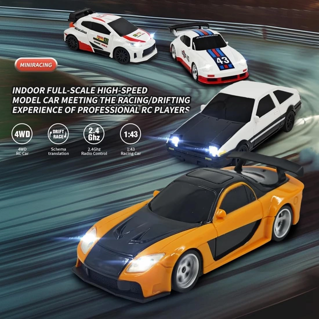 1/43 Mini RC Drift Car, 2.4GHz Full Proportional Electric Racing Drift Car with LED Lights High-Speed 15KM/H Remote Control Vehicle for Adults – RTR/Gyro Version