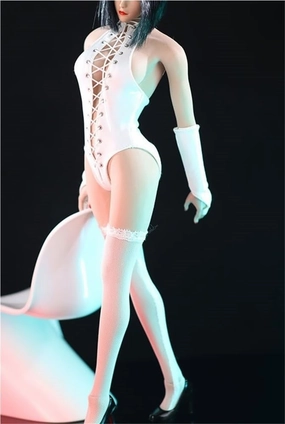 1/6 Scale Female Figure Clothes, Female Leather Vest Jumpsuit Hand Sleeves Lace Stockings for 12 inch Action Figure Body Doll(White)