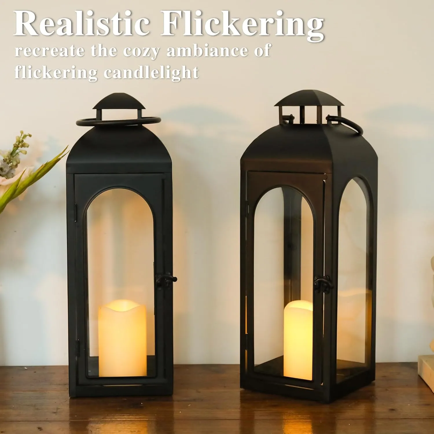 2 Pack 20 Inches Metal and Stainless Steel Glass Decorative Lantern with Electronic Wax Effect - Indoor/Outdoor Decorative Lighting, Handcrafted Aesthetic, Perfect for Home, Parties, and Holiday Decor