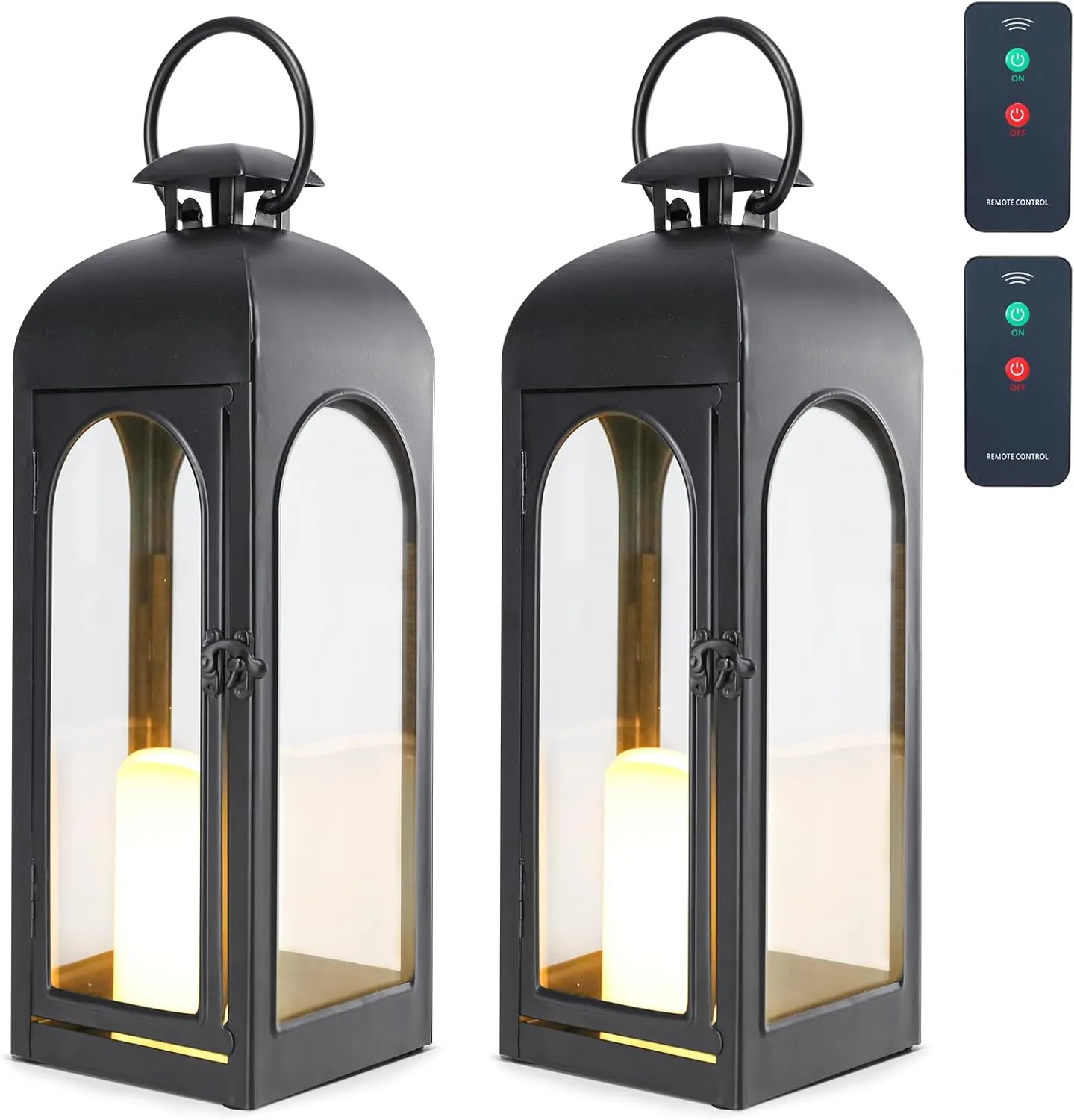 2 Pack 20 Inches Metal and Stainless Steel Glass Decorative Lantern with Electronic Wax Effect - Indoor/Outdoor Decorative Lighting, Handcrafted Aesthetic, Perfect for Home, Parties, and Holiday Decor