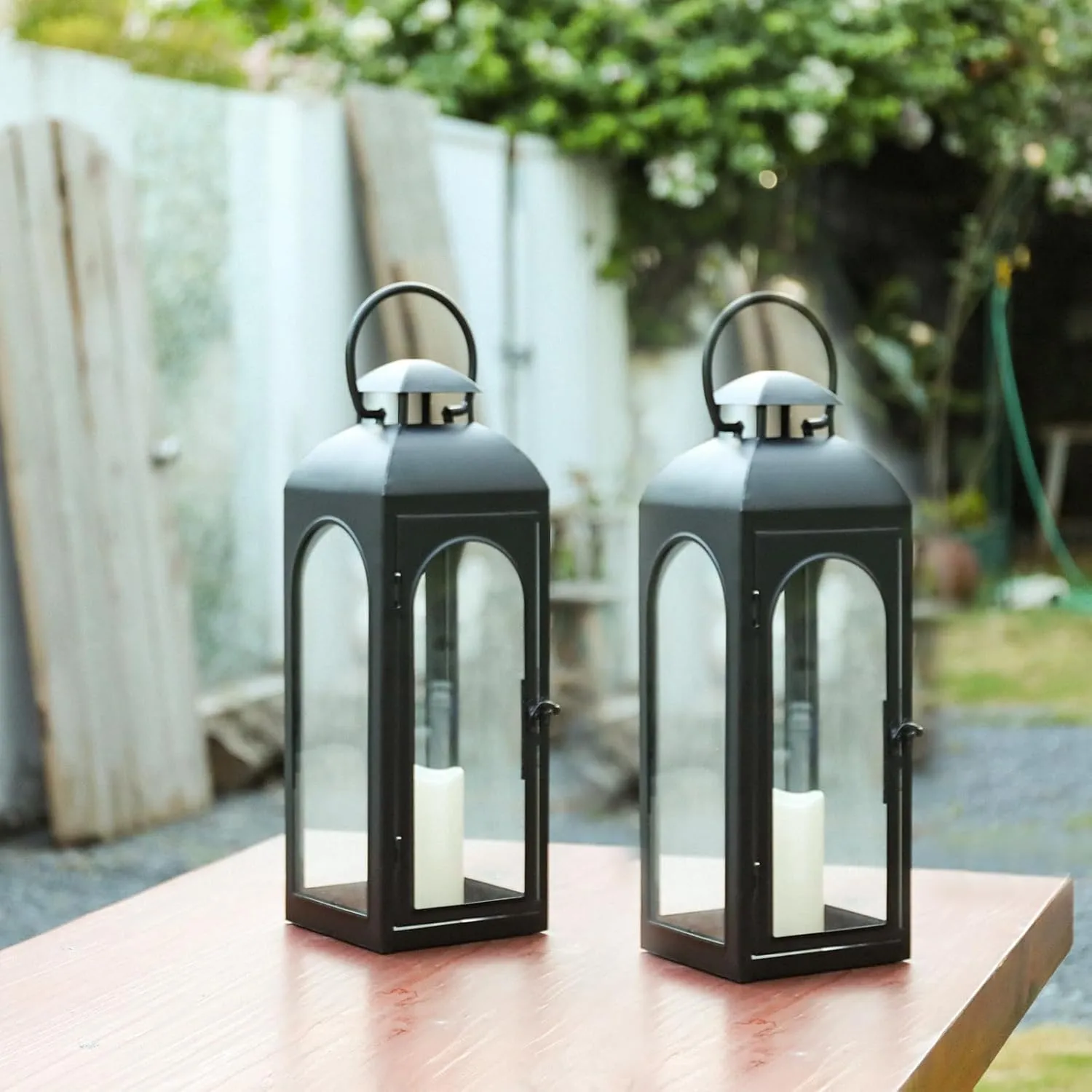 2 Pack 20 Inches Metal and Stainless Steel Glass Decorative Lantern with Electronic Wax Effect - Indoor/Outdoor Decorative Lighting, Handcrafted Aesthetic, Perfect for Home, Parties, and Holiday Decor