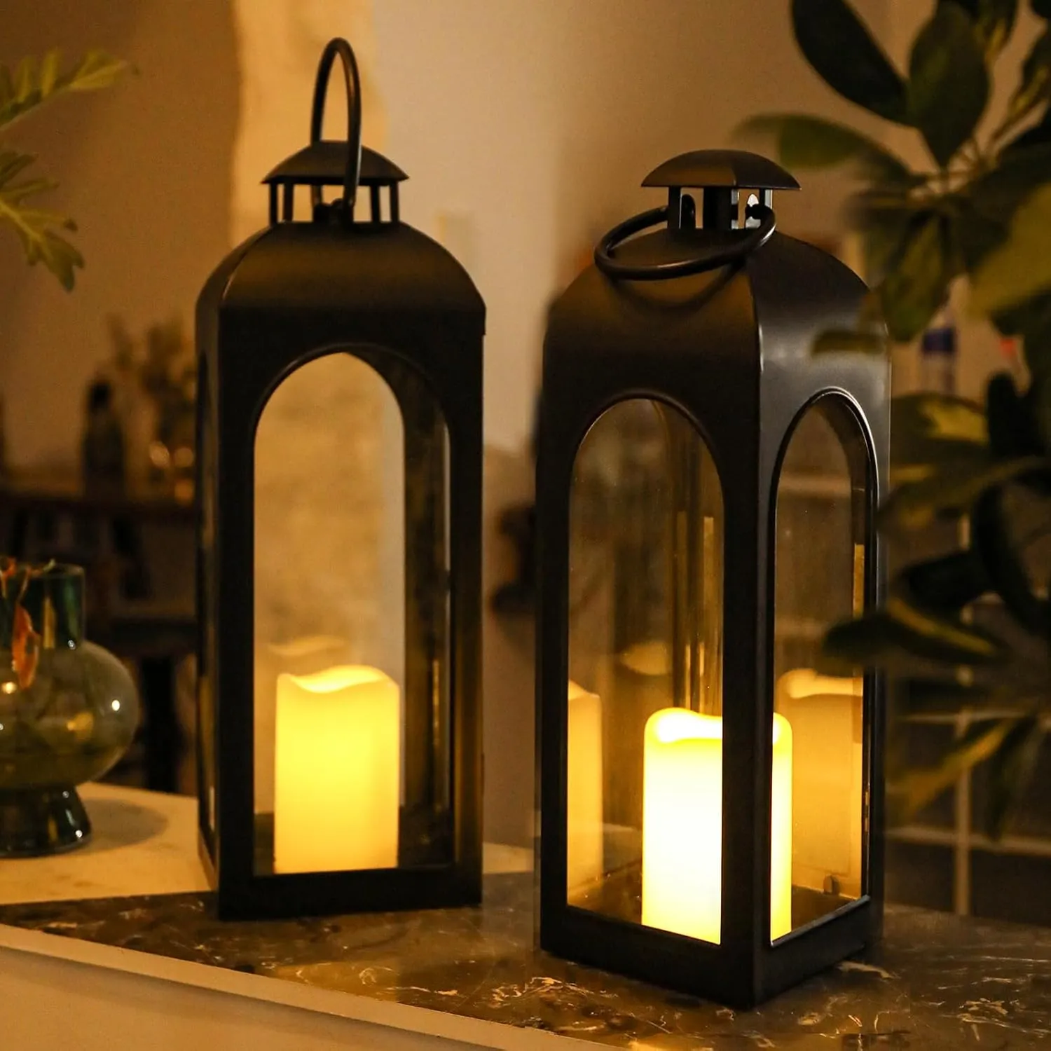 2 Pack 20 Inches Metal and Stainless Steel Glass Decorative Lantern with Electronic Wax Effect - Indoor/Outdoor Decorative Lighting, Handcrafted Aesthetic, Perfect for Home, Parties, and Holiday Decor
