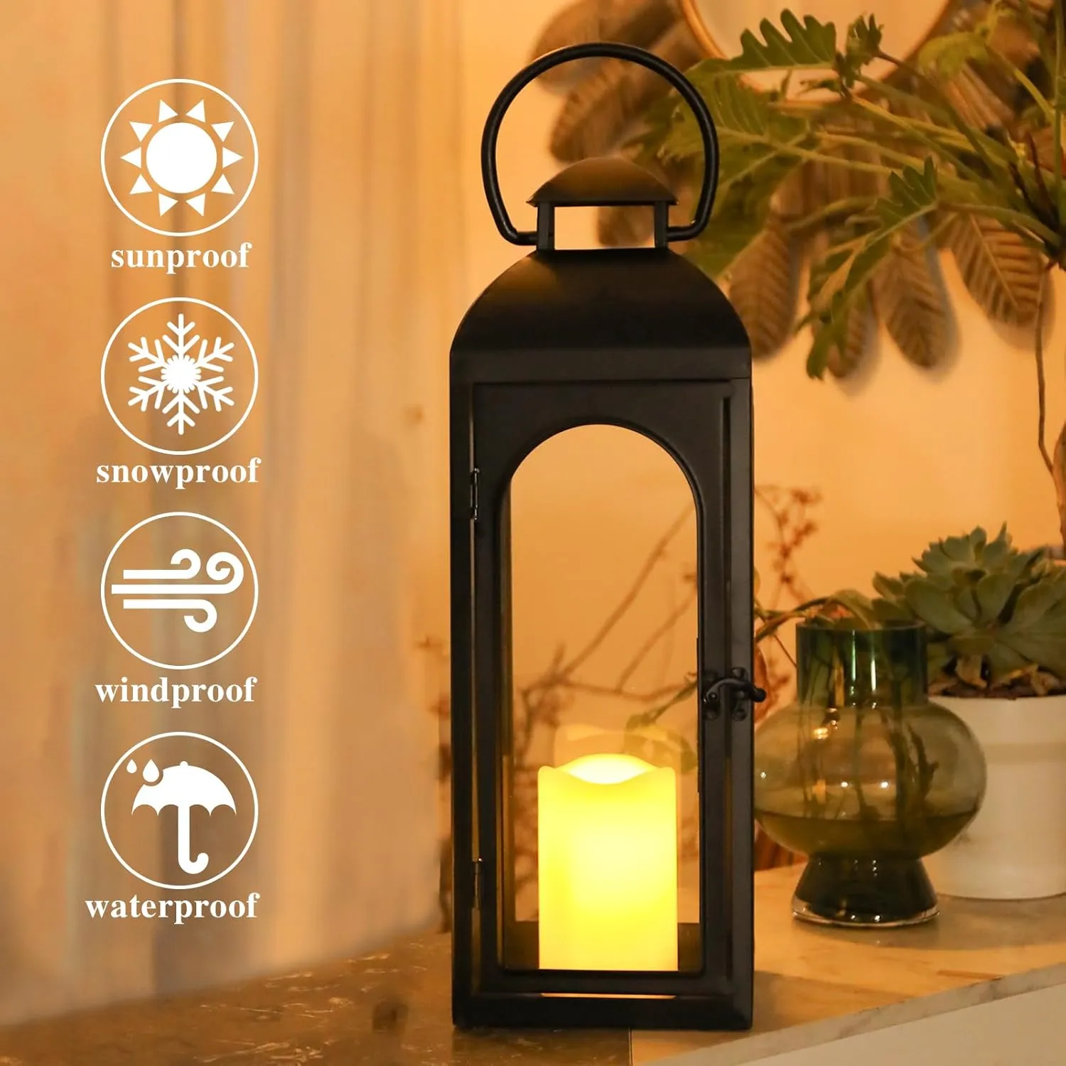 2 Pack 20 Inches Metal and Stainless Steel Glass Decorative Lantern with Electronic Wax Effect - Indoor/Outdoor Decorative Lighting, Handcrafted Aesthetic, Perfect for Home, Parties, and Holiday Decor
