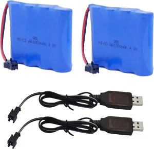 2 Pack 4.8V 1000mAh NiCd Battery and 2 USB Charger Cables Compatible with SZJJX RC Rock Off-Road Vehicle 2.4Ghz 4WD High Speed 1/18 Racing Cars Haktoys HAK101 RC Stunt Car and HAK155 RC Buggy