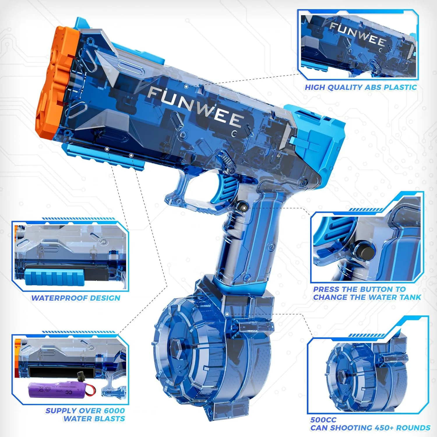 2 Pack Electric Water Guns, Full Automatic Electric Squirt Gun High Capacity 500  Water Blasts, Long Range Water Pistol Blaster Soaker, Summer Outdoor Pool Auto Water Toy for Adult Kid