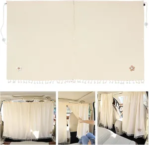 2 PCS Car Privacy Curtains, Front and Rear Partition Sun Protection and Heat Insulation Covers, Cute Flower Decoration Sleeping Curtains with Hook Suction Cup Accessory, for Cars SUVs (Beige)