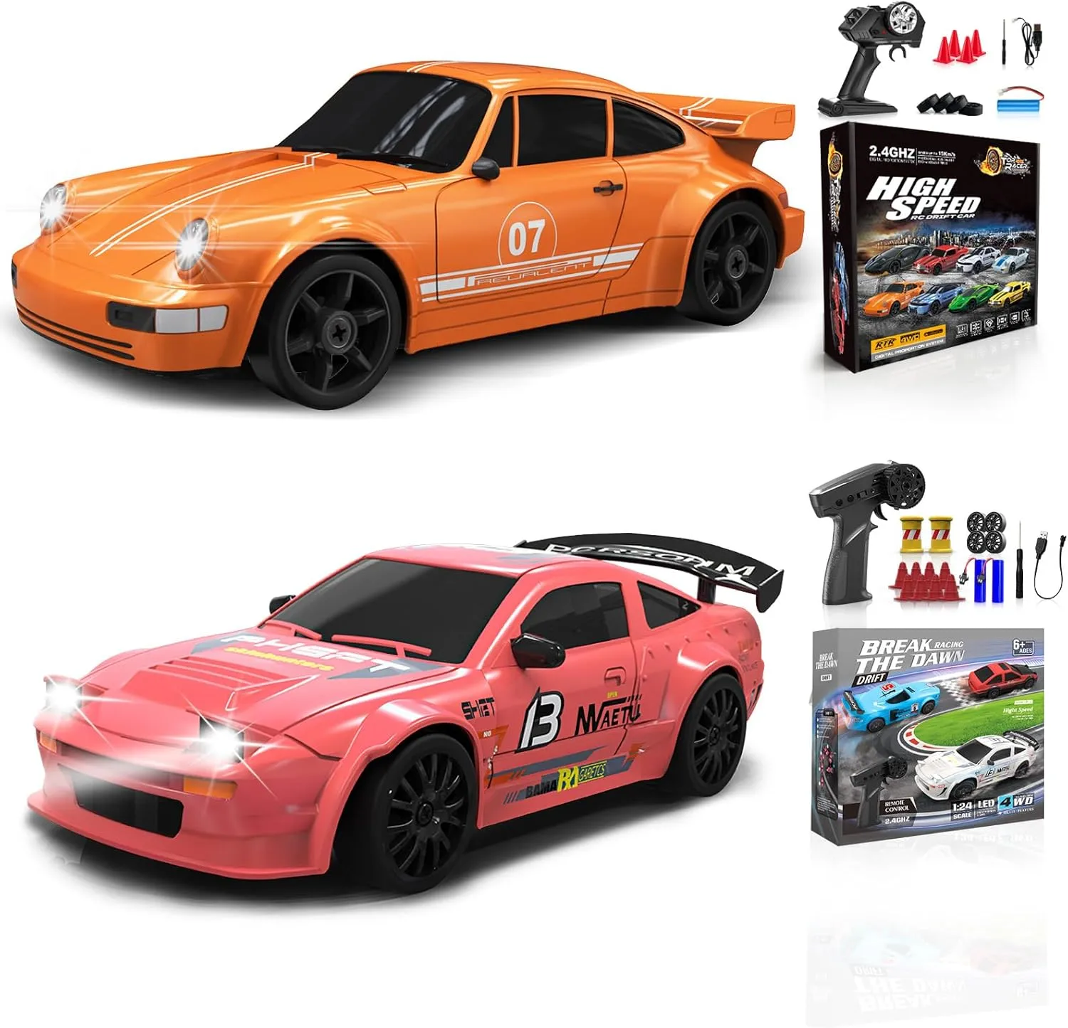 2 Pcs RC Drift Car 1:24 Remote Control Car 4WD High Speed Racing Sport Car with LED Lights RC Cars Toy Cars for Kids Boys Girls Adults Gifts Birthday Christmas Rechargeable Batteries