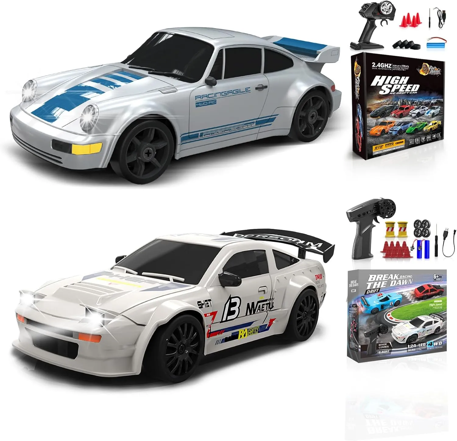 2 Pcs RC Drift Car 1:24 Remote Control Car 4WD High Speed Racing Sport Car with LED Lights RC Cars Toy Cars for Kids Boys Girls Adults Gifts Birthday Christmas Rechargeable Batteries