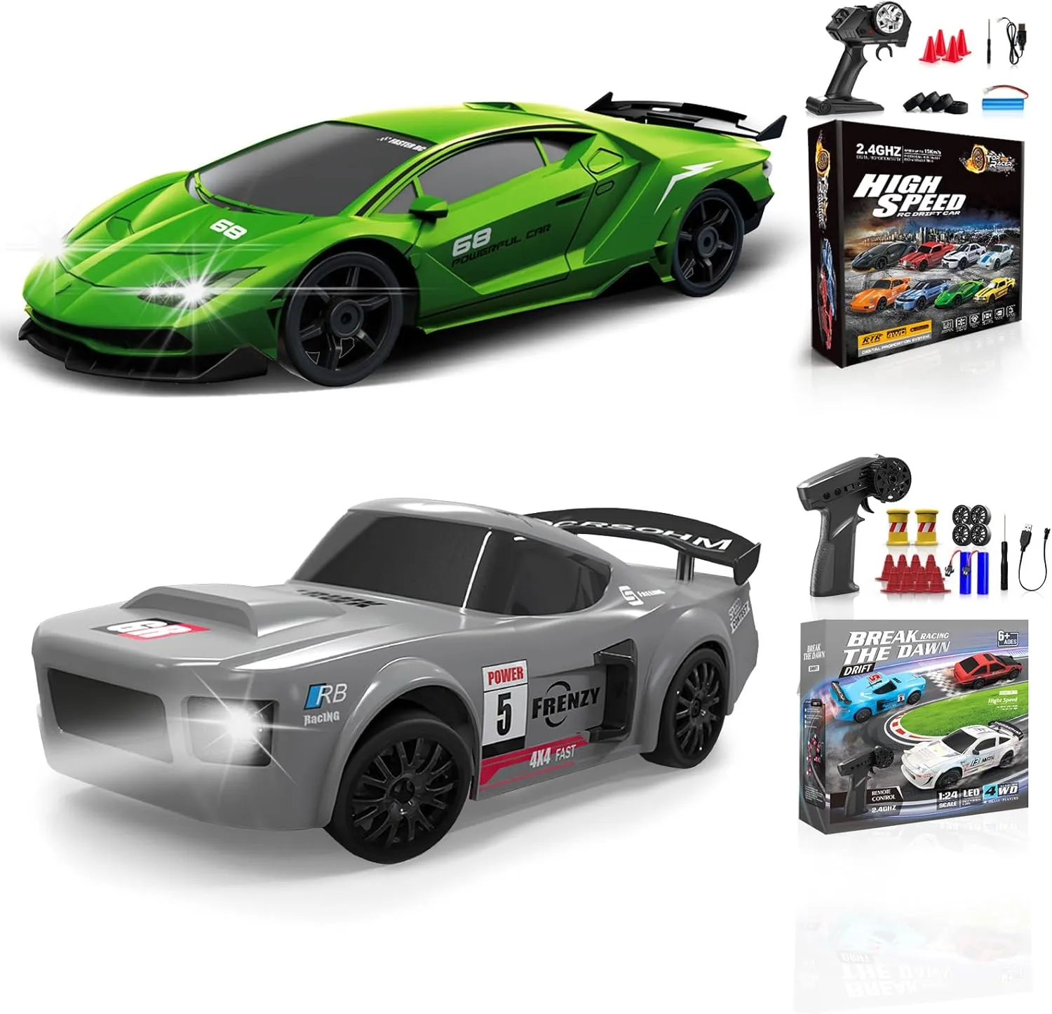 2 Pcs RC Drift Car 1:24 Remote Control Car 4WD High Speed Racing Sport Car with LED Lights RC Cars Toy Cars for Kids Boys Girls Adults Gifts Birthday Christmas Rechargeable Batteries