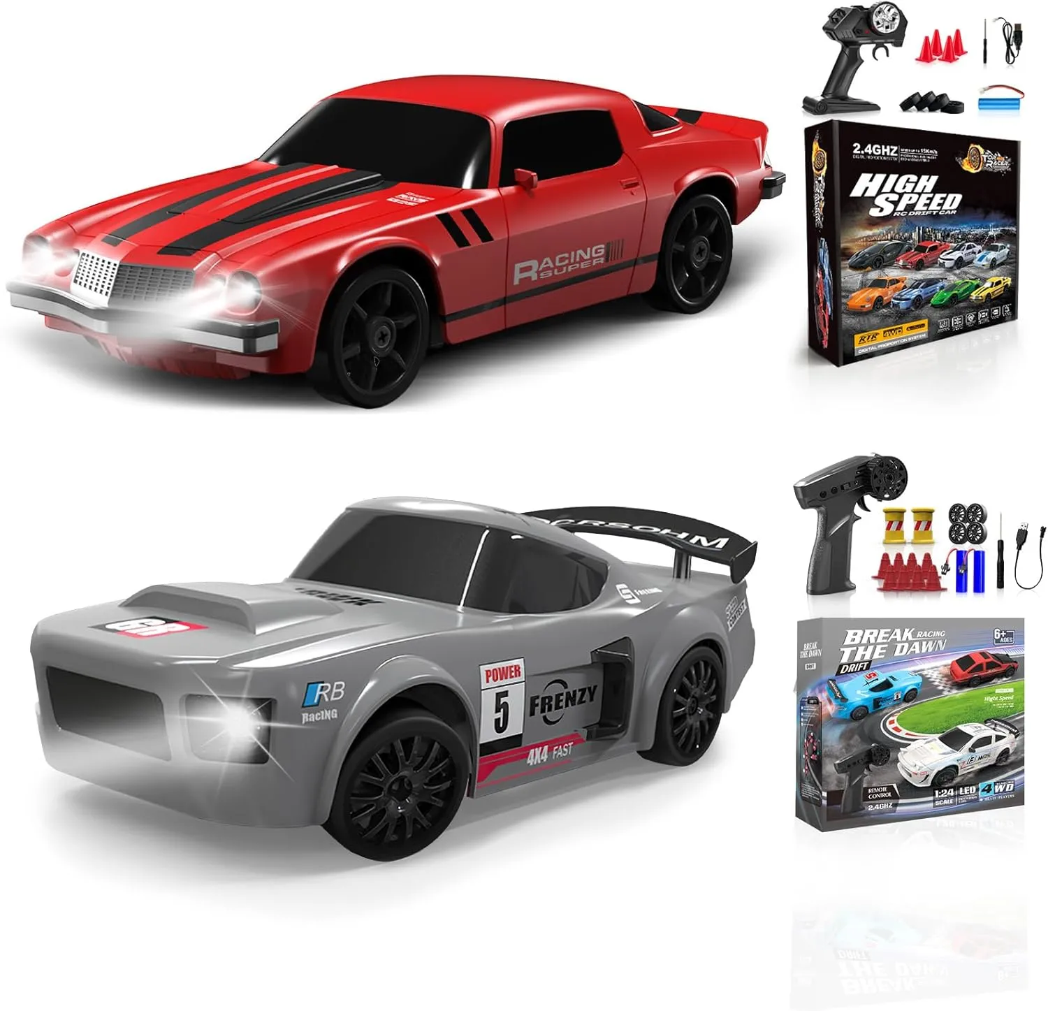 2 Pcs RC Drift Car 1:24 Remote Control Car 4WD High Speed Racing Sport Car with LED Lights RC Cars Toy Cars for Kids Boys Girls Adults Gifts Birthday Christmas Rechargeable Batteries