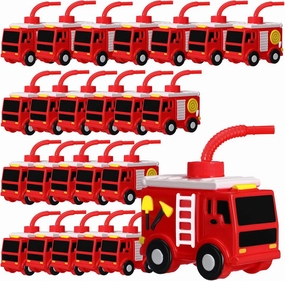 24 Sets Firefighter Party Favor Gift Supplies Fire Truck Cups with Straws, Plastic Fire Truck Shape Cup Reusable Firefighter Party Plastic Cups Bulk Party Favor for Car Birthday Party Supplies