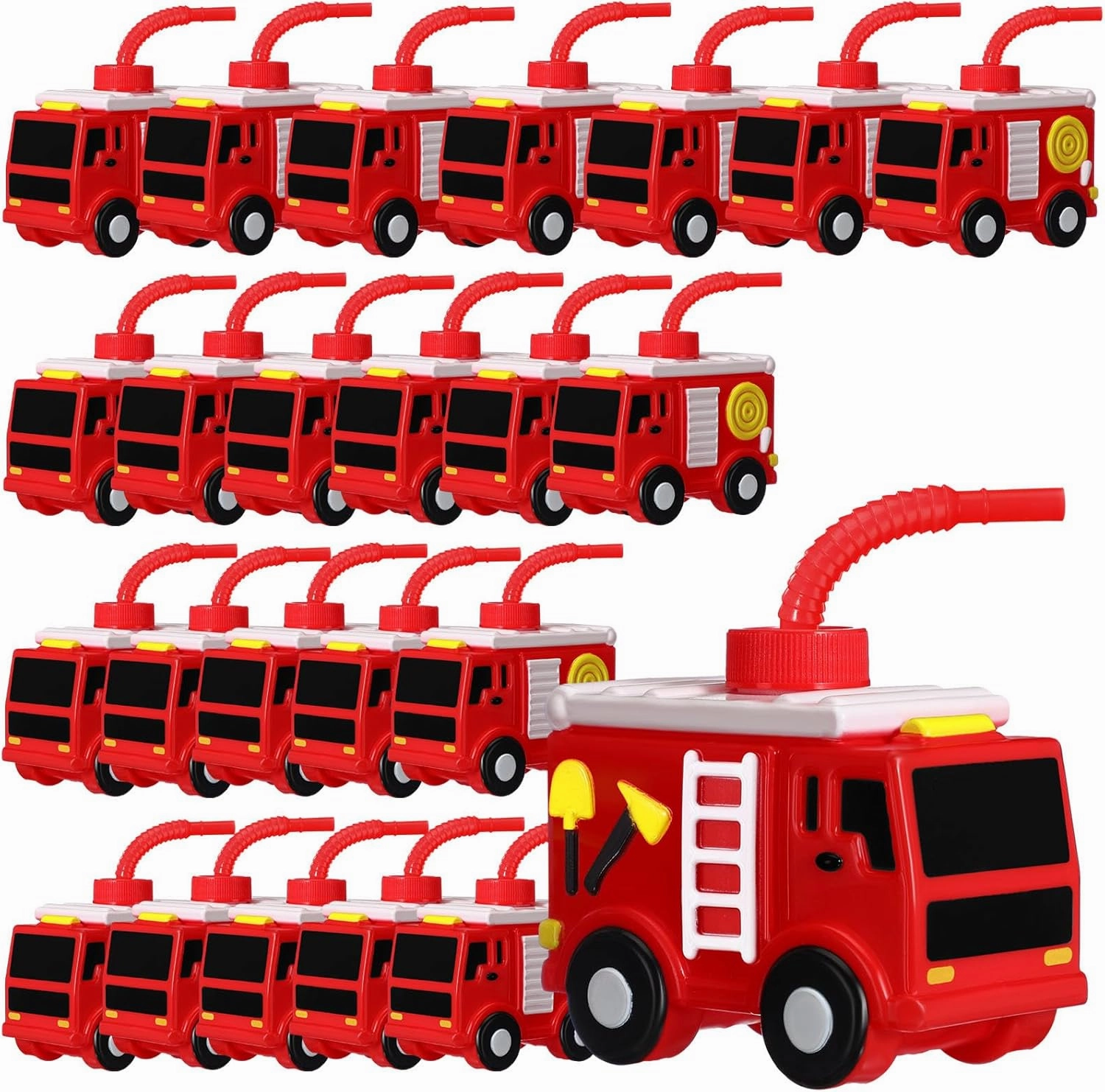 24 Sets Firefighter Party Favor Gift Supplies Fire Truck Cups with Straws, Plastic Fire Truck Shape Cup Reusable Firefighter Party Plastic Cups Bulk Party Favor for Car Birthday Party Supplies