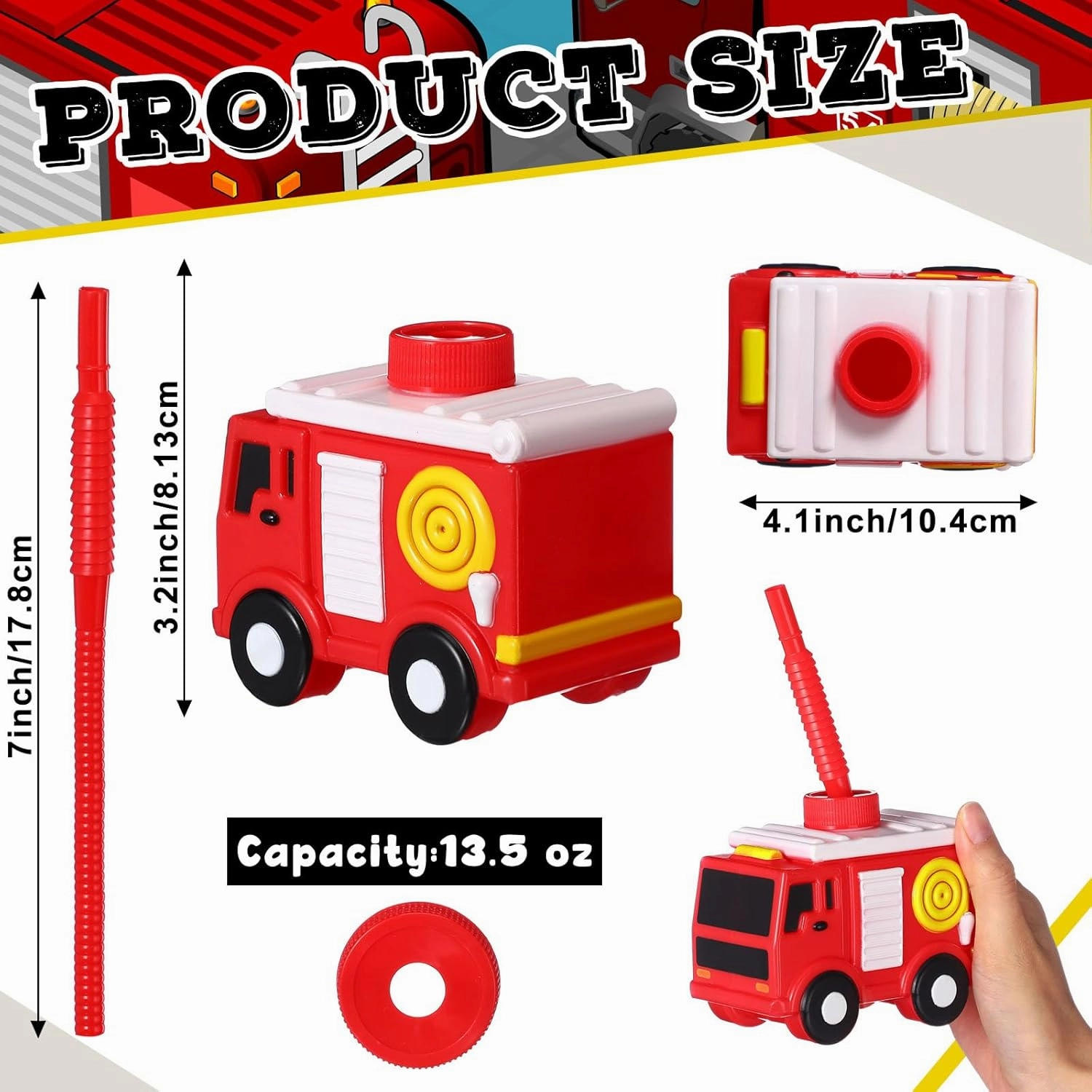 24 Sets Firefighter Party Favor Gift Supplies Fire Truck Cups with Straws, Plastic Fire Truck Shape Cup Reusable Firefighter Party Plastic Cups Bulk Party Favor for Car Birthday Party Supplies