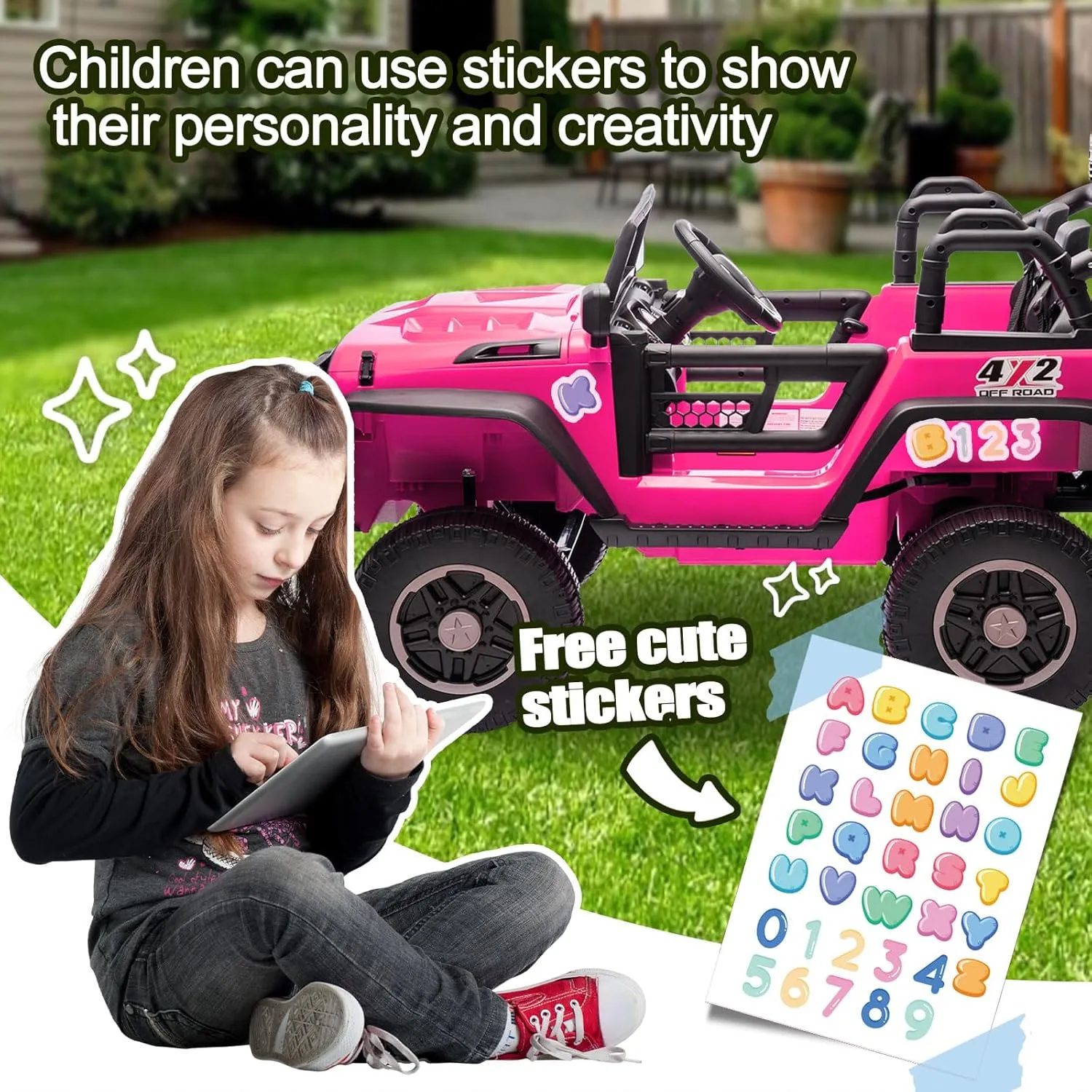 24V 2 Seater Ride on Toys for Big Kids, Electric Truck w/Remote Control, 20.28" Wide Seat, 2x200W Motor, 5 Mph Max Speed, Bluetooth, MP3, Belts, Lights, Power Car Wheels for Boys and Girls (Pink)