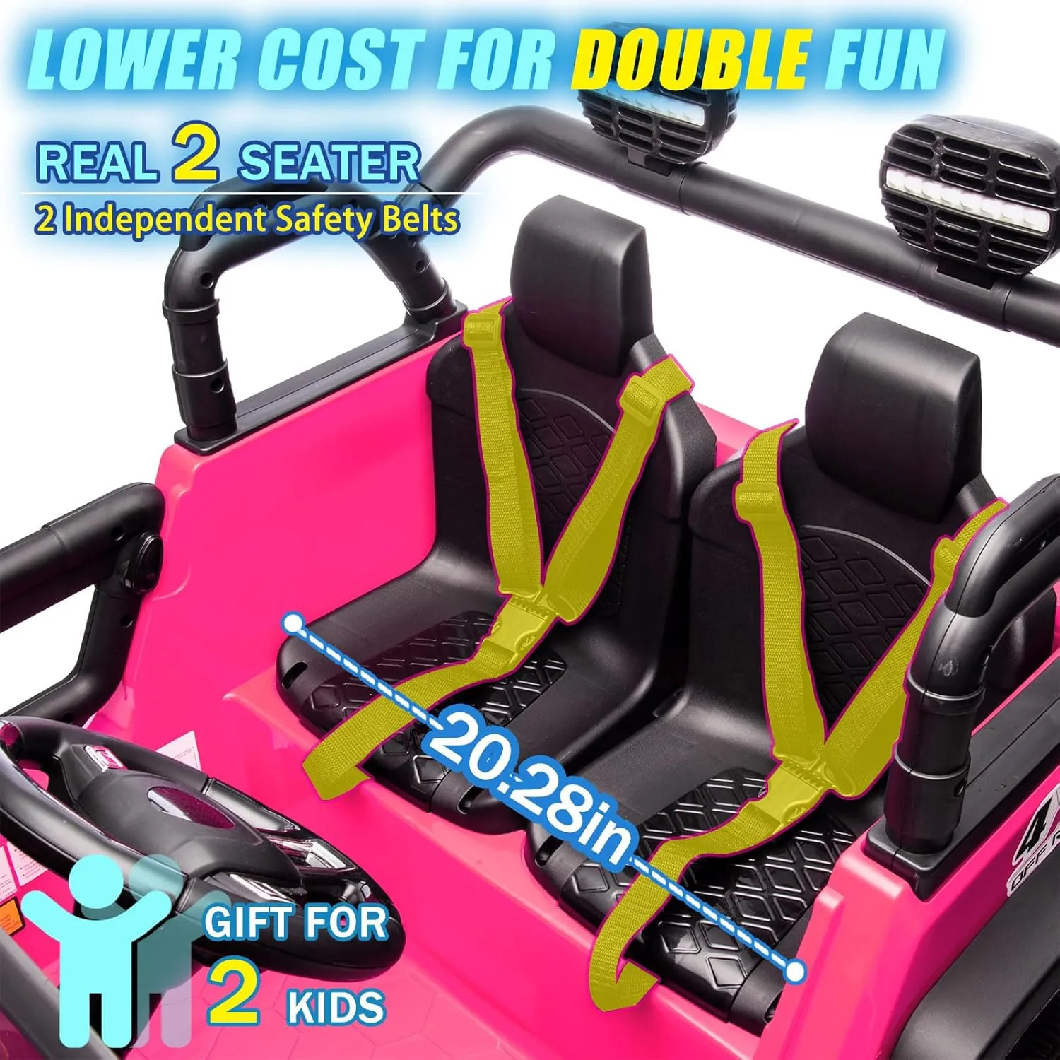 24V 2 Seater Ride on Toys for Big Kids, Electric Truck w/Remote Control, 20.28" Wide Seat, 2x200W Motor, 5 Mph Max Speed, Bluetooth, MP3, Belts, Lights, Power Car Wheels for Boys and Girls (Pink)