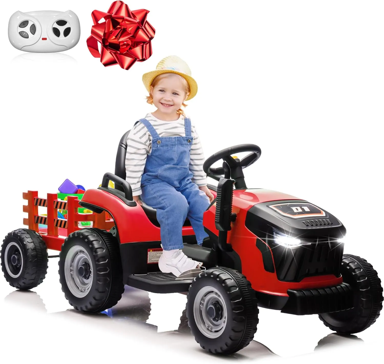 24V 7Ah Ride On Tractor w/Tiltable & Detachable Trailer, Anrli Kids Electric Vehicles Tractor w/400W Motors, Adjustable Seat, Remote Control, Bluetooth, Music, Power Tractor Wheels for Boys, Red