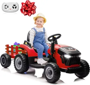 24V 7Ah Ride On Tractor w/Tiltable & Detachable Trailer, Anrli Kids Electric Vehicles Tractor w/400W Motors, Adjustable Seat, Remote Control, Bluetooth, Music, Power Tractor Wheels for Boys, Red