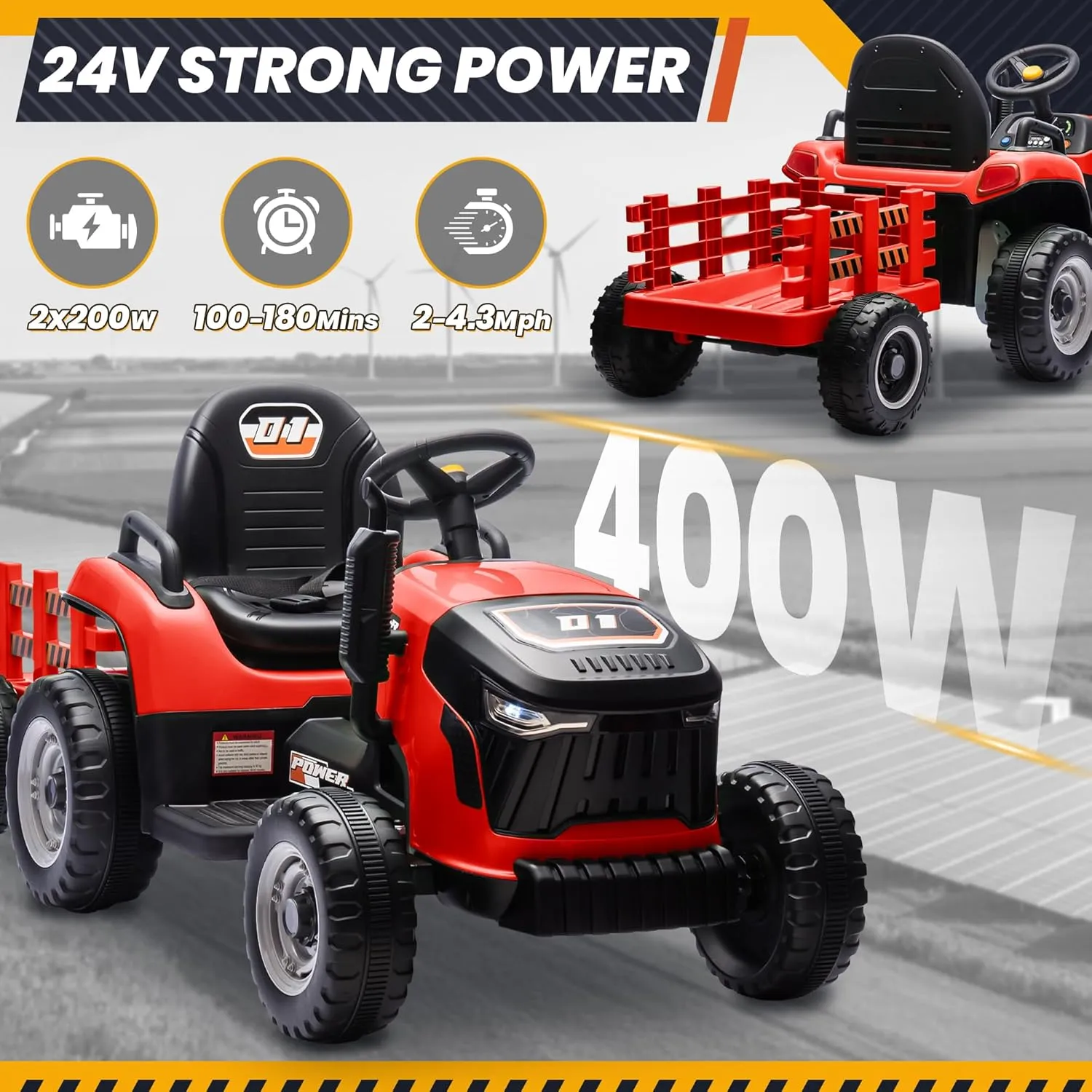 24V 7Ah Ride On Tractor w/Tiltable & Detachable Trailer, Anrli Kids Electric Vehicles Tractor w/400W Motors, Adjustable Seat, Remote Control, Bluetooth, Music, Power Tractor Wheels for Boys, Red