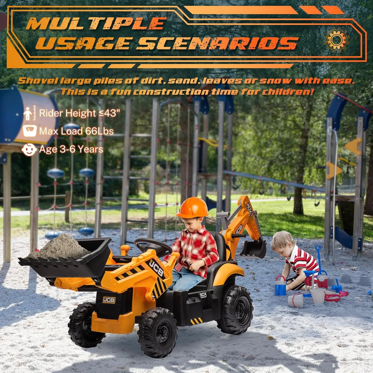 24V JCB Electric Backhoe Loader Toy Car for Kids, Battery Powered Ride on Excavator & Wheel Loader Construction Vehicle Toys w/Remote Control, Moving Parts, Adjustable Seat, Soft Start, Large