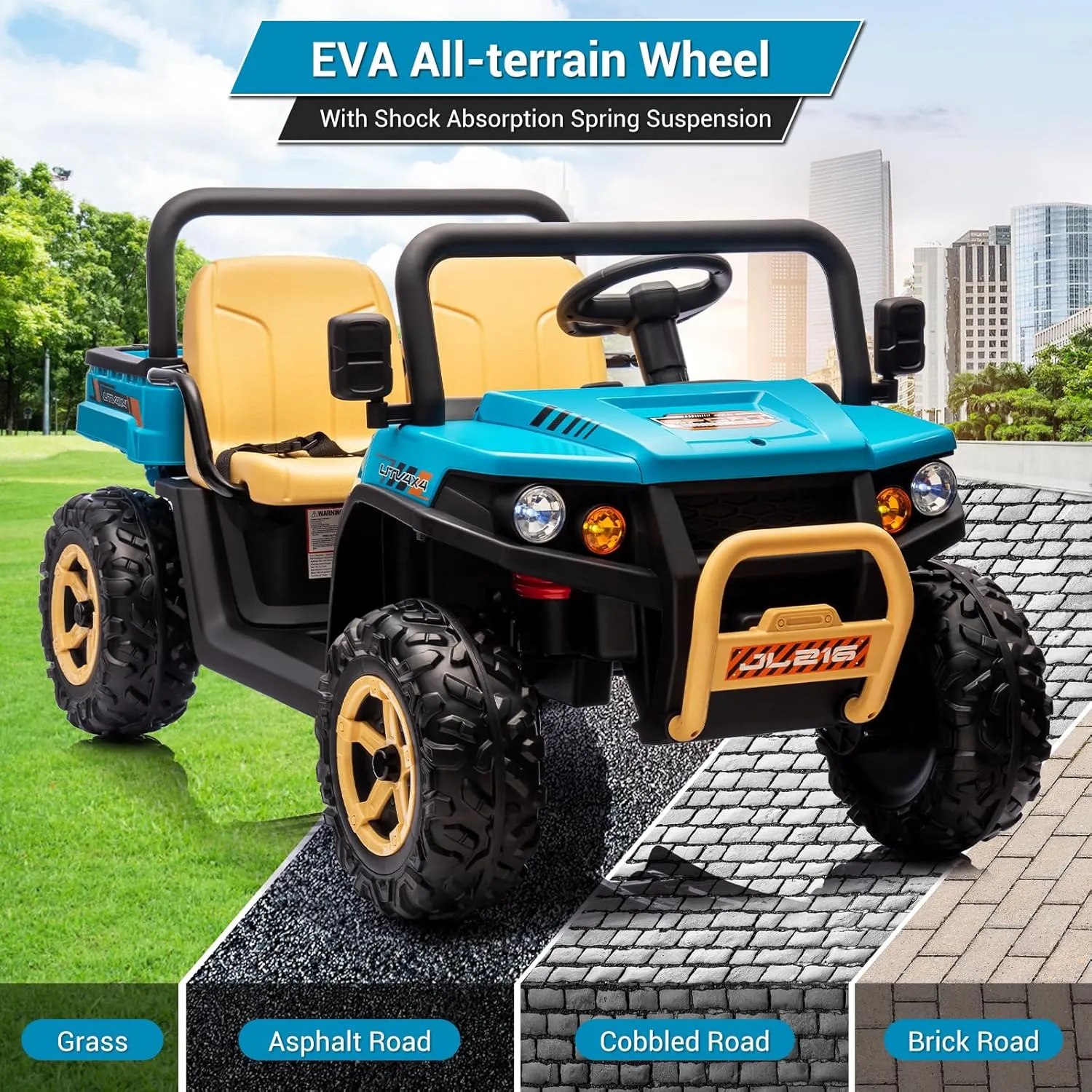 24v Ride On Dump Truck, 2 Seater Electric Ride On Car Toy for Kids, Battery Powered UTV with 4x35W Motors, Shovel, Bluetooth, Remote Control, Music, LED Lights for Boys & Girls, Blue