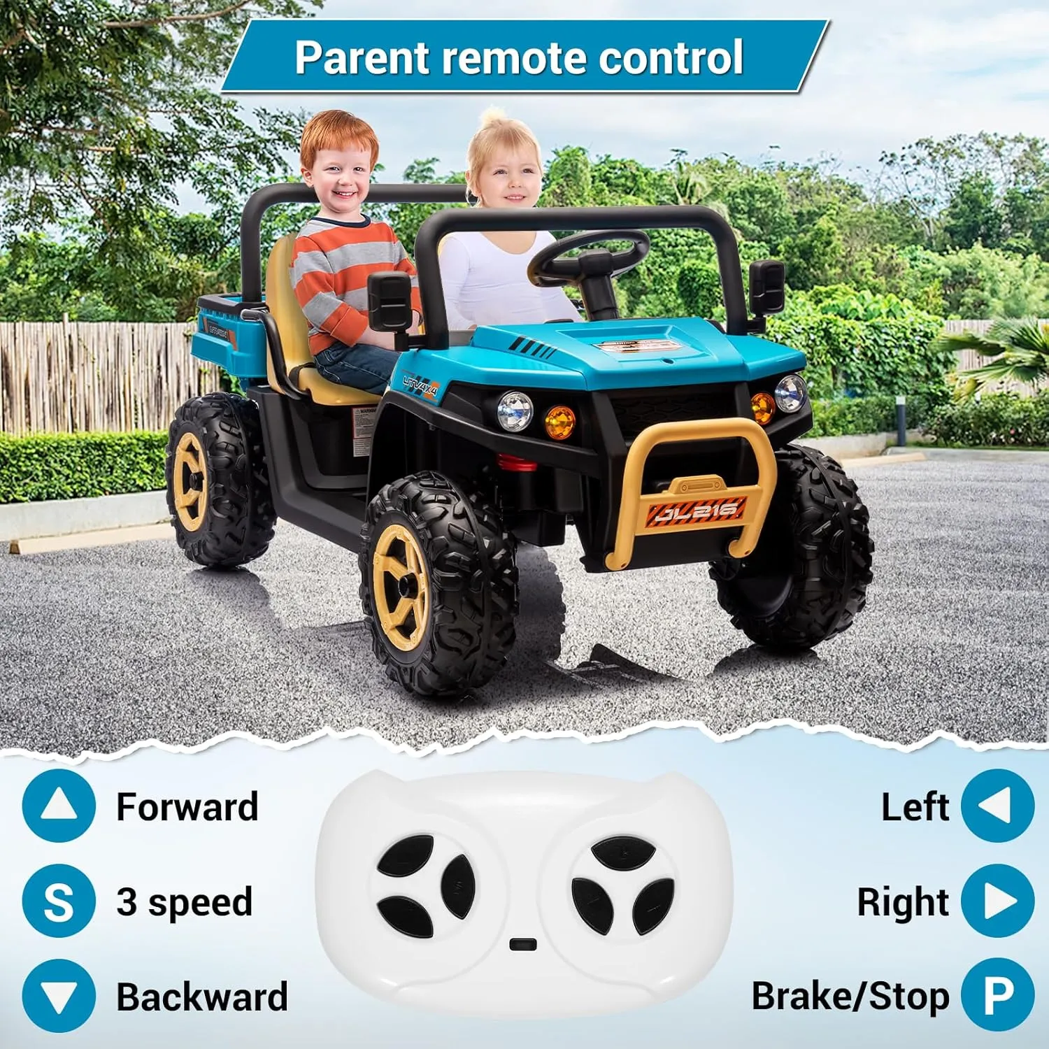 24v Ride On Dump Truck, 2 Seater Electric Ride On Car Toy for Kids, Battery Powered UTV with 4x35W Motors, Shovel, Bluetooth, Remote Control, Music, LED Lights for Boys & Girls, Blue