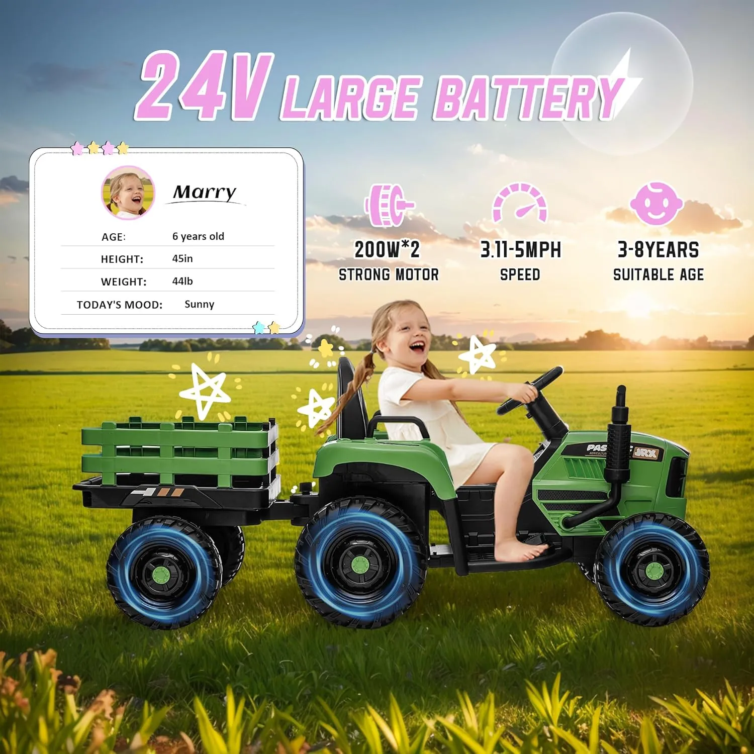 24V Ride on Toy for Big Kids, 24V Ride on Tractor w/Remote Control, 400W Motor, Kids Electric Vehicles Ride On Tractor Car for Ages 3 , USB, LED light, Bluetooth, 3 Speed Adjustable (Emerald)