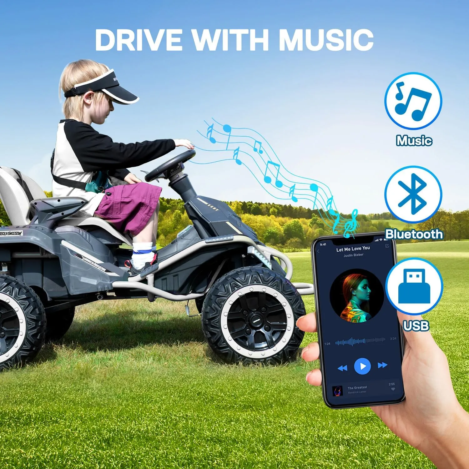 24V Ride on Toy for Big Kids, Kids' Electric Vehicles Outdoor Race Toy with 4 Strong Motors Total 300W Bluetooth Speaker and 24V 7AH Big Battery, Adjustable Seat, Electric Cars for Children 3-12