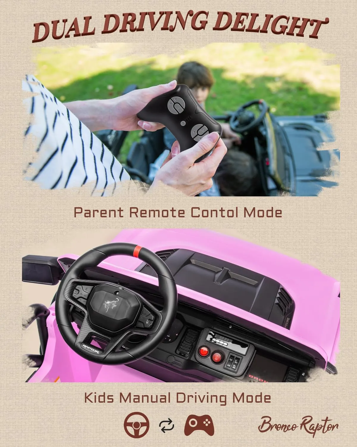 24V Ride on Toys for Big Kids, Licensed Ford Bronco Raptor 2 Seater Ride on Cars with Remote Control, Ride on Truck w/ 4-Wheeler Suspension, 3 Speeds, Led Lights, Bluetooth (24V, Pink)