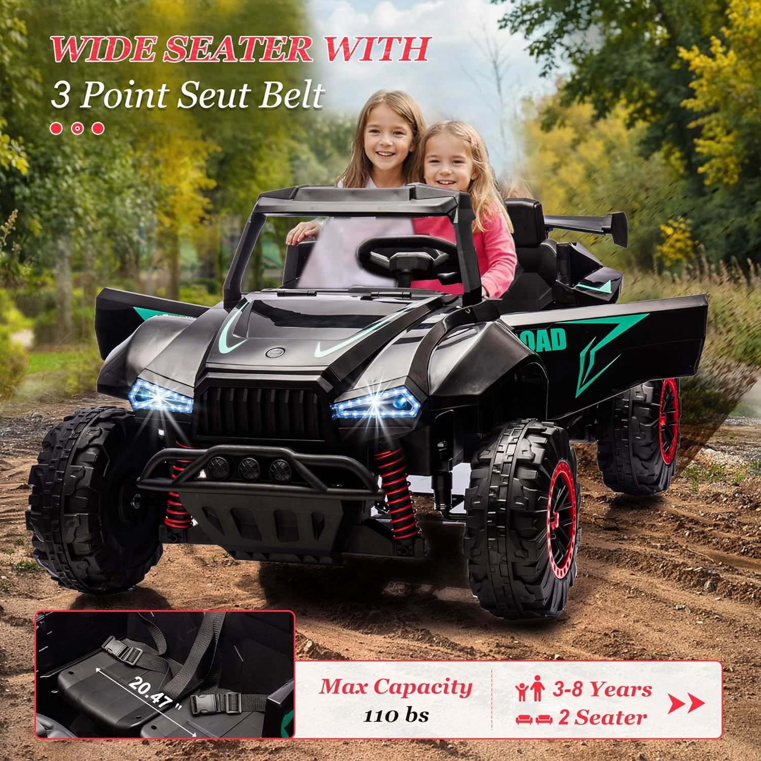 24V 2 Seater Ride on Toys for Girls&Boys, Electric Car w/20.47" Wide Seat, 6.21 Mph Max Speed, 24V Ride On Car w/Spring Suspension, Bluetooth, Music, Lights, Power Car Wheels for Big Kids (Black)