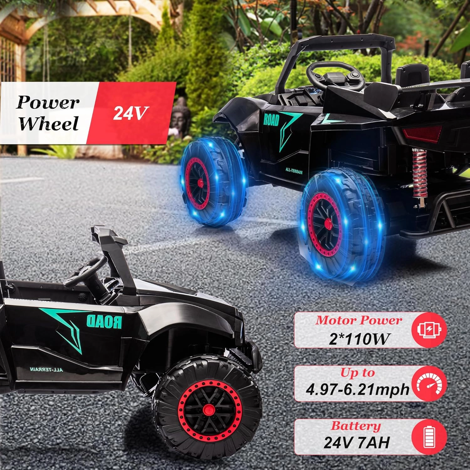 24V 2 Seater Ride on Toys for Girls&Boys, Electric Car w/20.47" Wide Seat, 6.21 Mph Max Speed, 24V Ride On Car w/Spring Suspension, Bluetooth, Music, Lights, Power Car Wheels for Big Kids (Black)