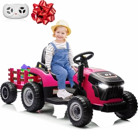 24V 7Ah Ride On Tractor w/Tiltable & Detachable Trailer, Anrli Kids Electric Vehicles Tractor w/400W Motors, Adjustable Seat, Remote Control, Bluetooth, Music, Power Tractor Wheels for Boys, Rose Red
