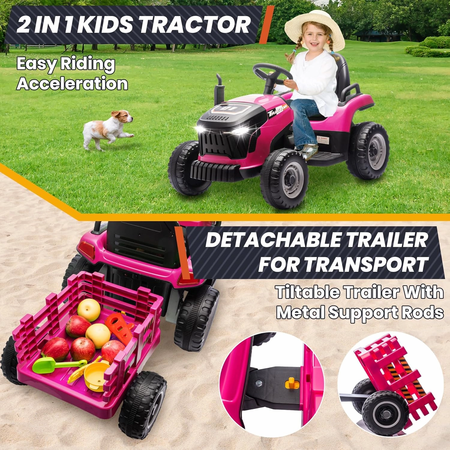 24V 7Ah Ride On Tractor w/Tiltable & Detachable Trailer, Anrli Kids Electric Vehicles Tractor w/400W Motors, Adjustable Seat, Remote Control, Bluetooth, Music, Power Tractor Wheels for Boys, Rose Red