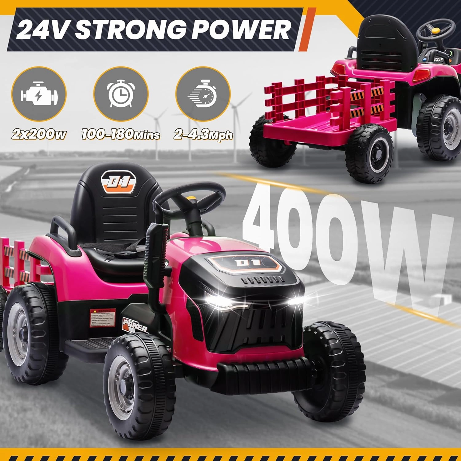 24V 7Ah Ride On Tractor w/Tiltable & Detachable Trailer, Anrli Kids Electric Vehicles Tractor w/400W Motors, Adjustable Seat, Remote Control, Bluetooth, Music, Power Tractor Wheels for Boys, Rose Red