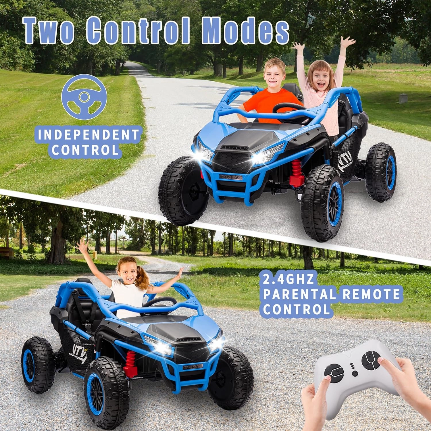 24V Ride on Toy for Big Kids, 2 Seater UTV w/Remote Control, 6 MPH, 400W Power Engines, Kids Electric Vehicles w/20 Spacious Seat, 3 Speeds, Bluetooth, Power Vehicles Wheels for Boys Girls, Blue