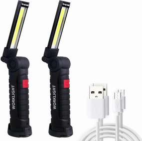 2-Pack Led Work Lights, COB LED Work Light with Magnetic Base & Hanging Hook, 360Rotate, 5 Modes LED Flashlight for Car Repair, Home, Outdoor Camping and Emergency, 2Pcs Charging Cable
