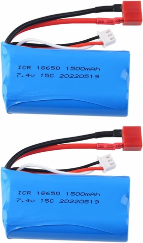 2 pcs 7.4V 1500Mah T Plug li-on Battery for Wltoys 12428 12423 RC Toy Car WLtoys 4WD High Speed RC Cars and Most 1/10, 1/12, 1/16 Scale RC Cars Trucks