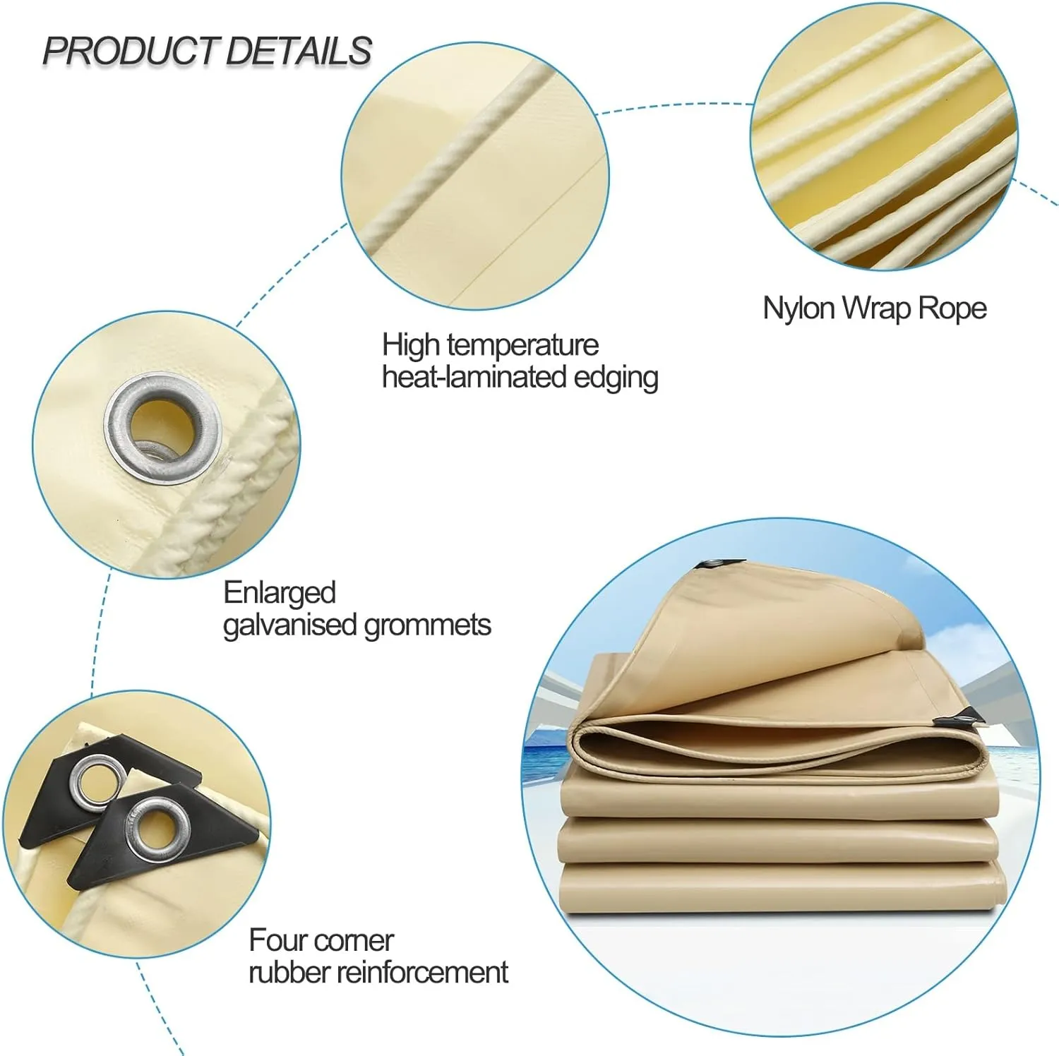 2mx2m/2mx3m/2mx4m/3mx3m Beige Heavy Duty Tarpaulin Sheet 500g/㎡ with Metal Grommets Canopy Tent for Rain Shelter, Camping, Outdoor and Pool Ground Sheet Tarps Cover(1x1m)