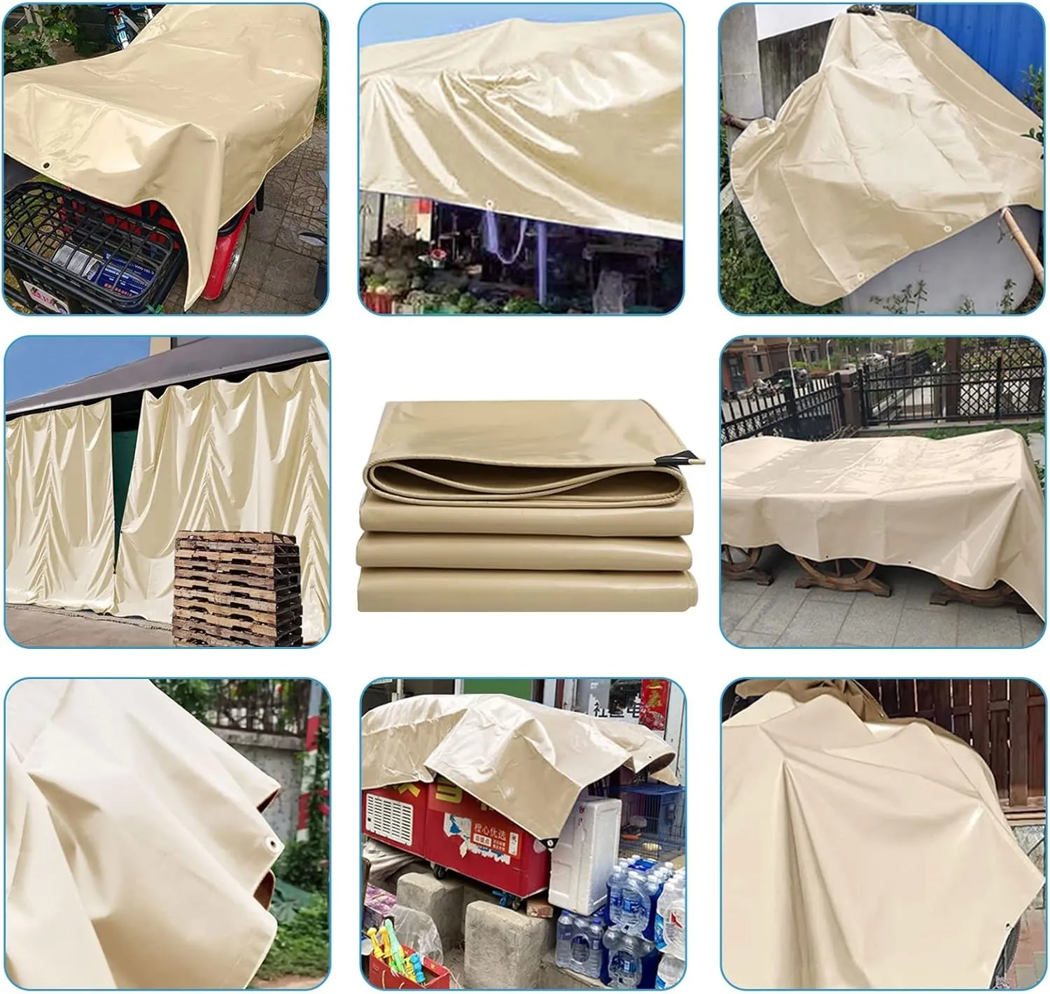 2mx2m/2mx3m/2mx4m/3mx3m Beige Heavy Duty Tarpaulin Sheet 500g/㎡ with Metal Grommets Canopy Tent for Rain Shelter, Camping, Outdoor and Pool Ground Sheet Tarps Cover(1x1m)