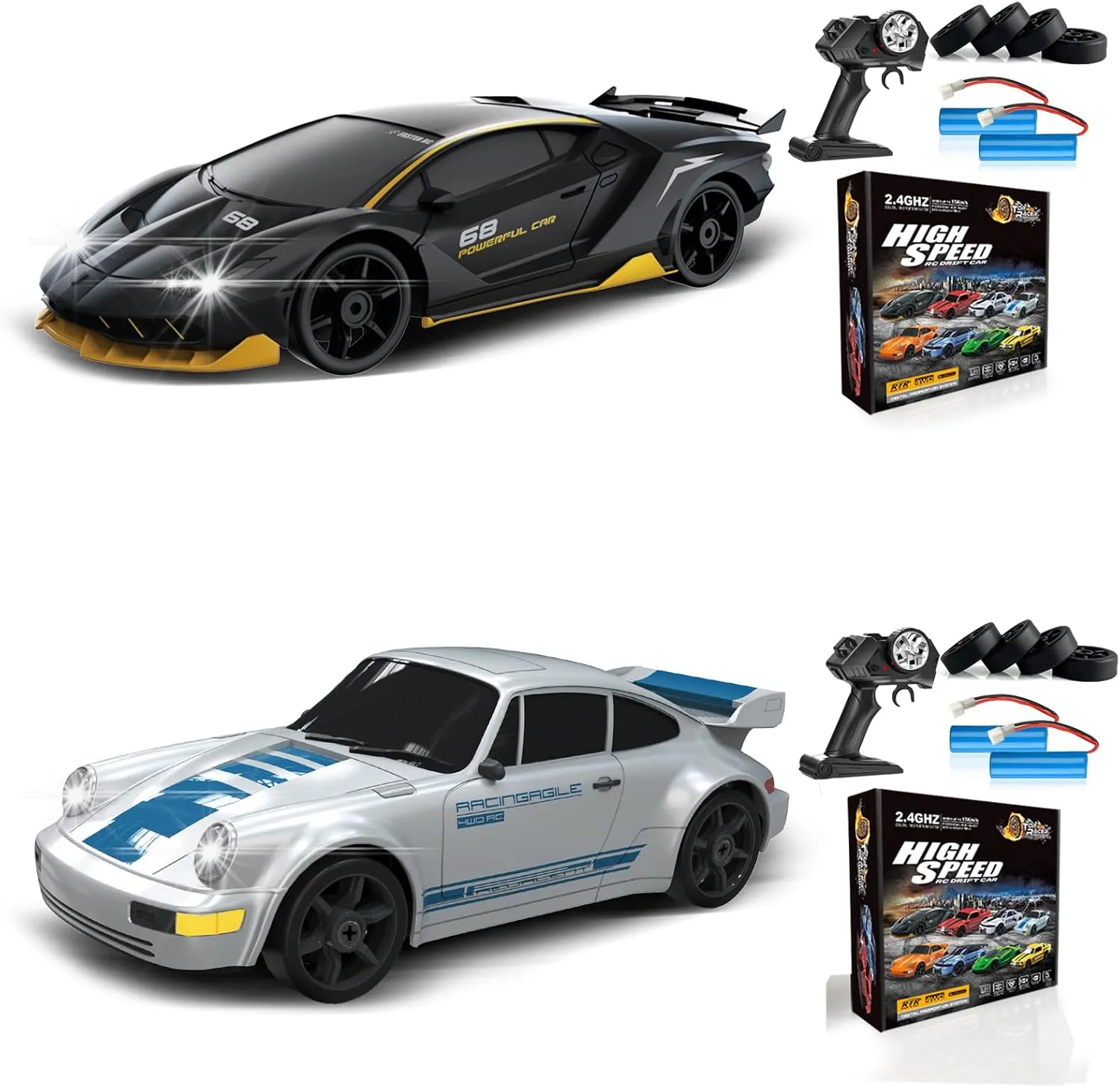 2PCS 1:24 RC Drift Car 2.4GHz 4WD 15KM/H LED Lights Drifting Tires Rechargeable Batteries 2Pcs Gift for RC Enthusiasts, Boys, Girls, Adults