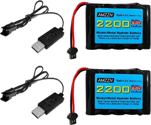 2PCS 6.0V 2200mAh AA NiMH Battery with SM-2P Plug and USB Charger for TB141 TB142 DE37 RC Toy Car, RC Excavator, Truck, and Engineering Vehicle Batteries (2PCS Battery 2 USB)