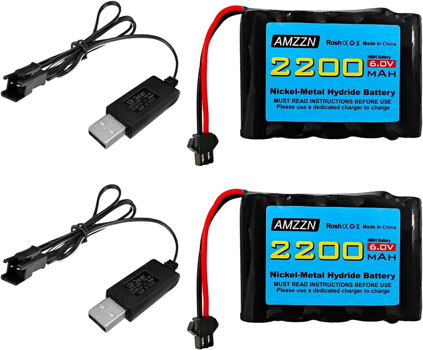 2PCS 6.0V 2200mAh AA NiMH Battery with SM-2P Plug and USB Charger for TB141 TB142 DE37 RC Toy Car, RC Excavator, Truck, and Engineering Vehicle Batteries (2PCS Battery 2 USB)